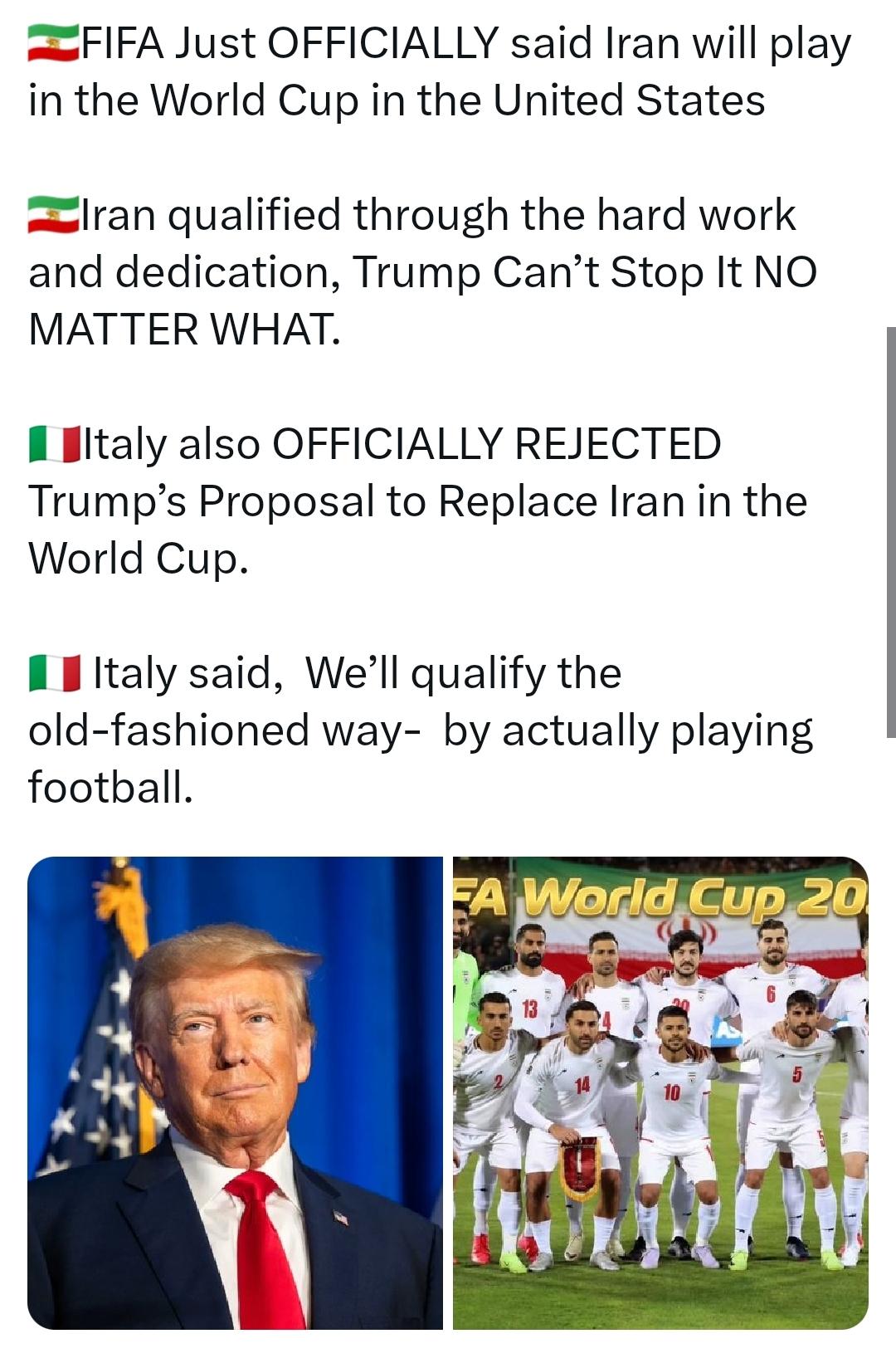 国际足联正式宣布：伊朗将参加在美国举行的世界杯比赛。
🇮🇷伊朗凭借不懈的努力