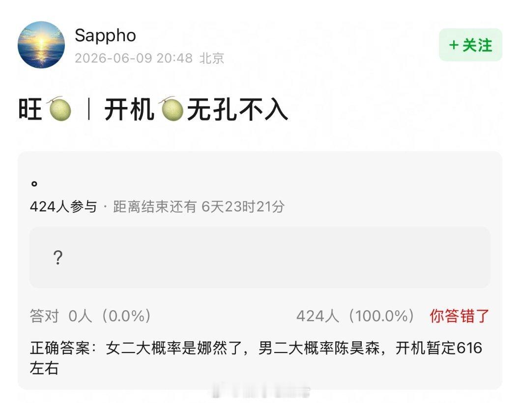 无孔不入女二大概率是娜然了，男二大概率陈昊森，开机暂定616左右 