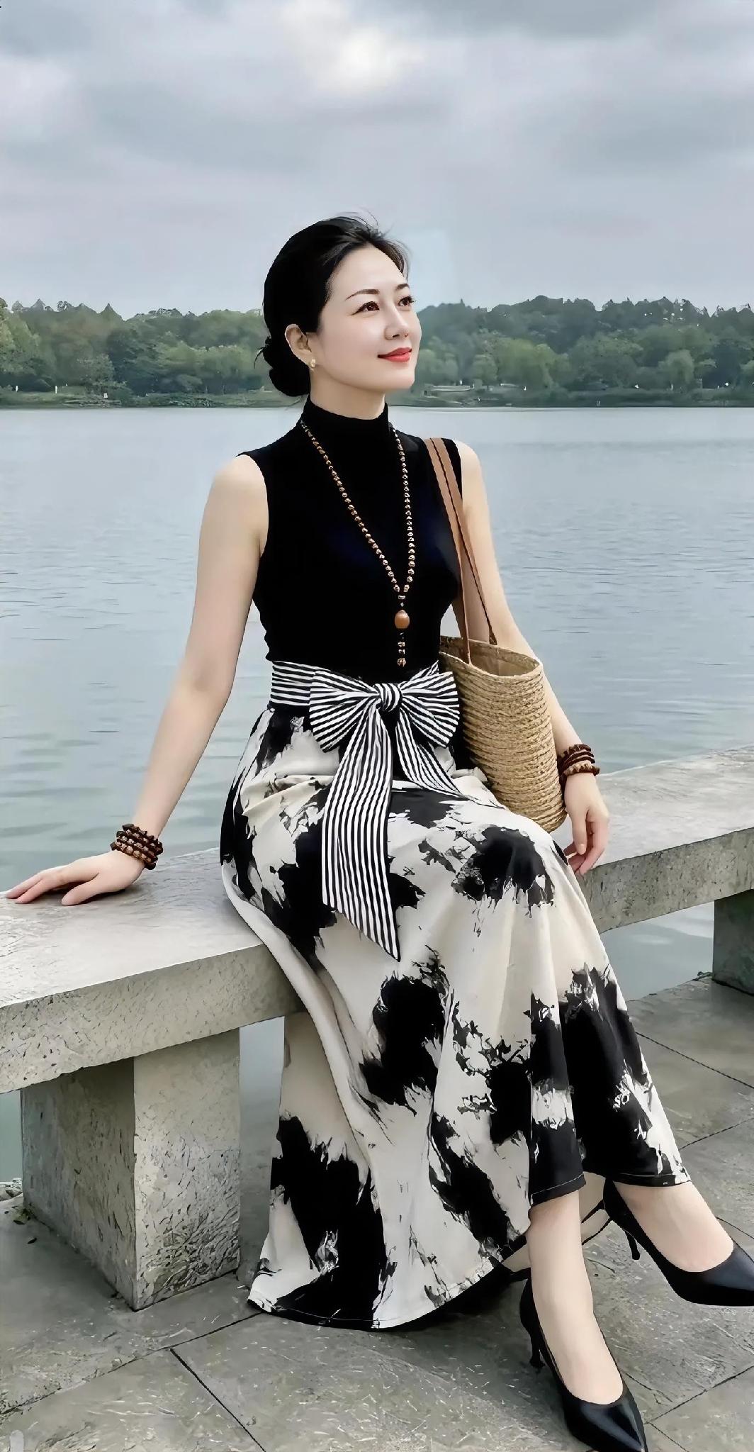 一汪湖水，微风轻拂，偷得浮生半日闲。简约黑色无袖上衣搭配水墨晕染长裙，条纹蝴蝶结