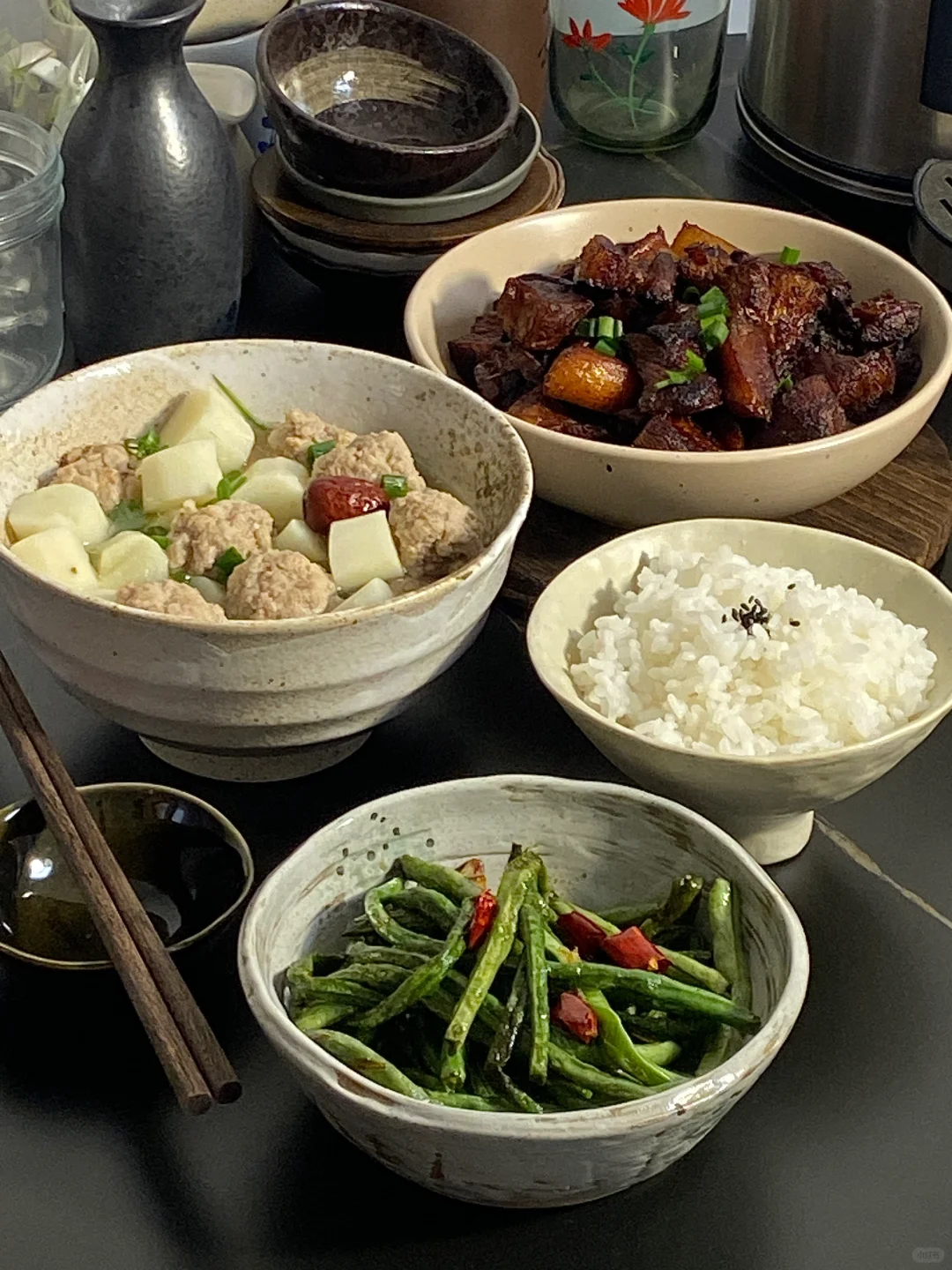今日食谱📜山药丸子汤 红烧肉 干煸豆角🍚