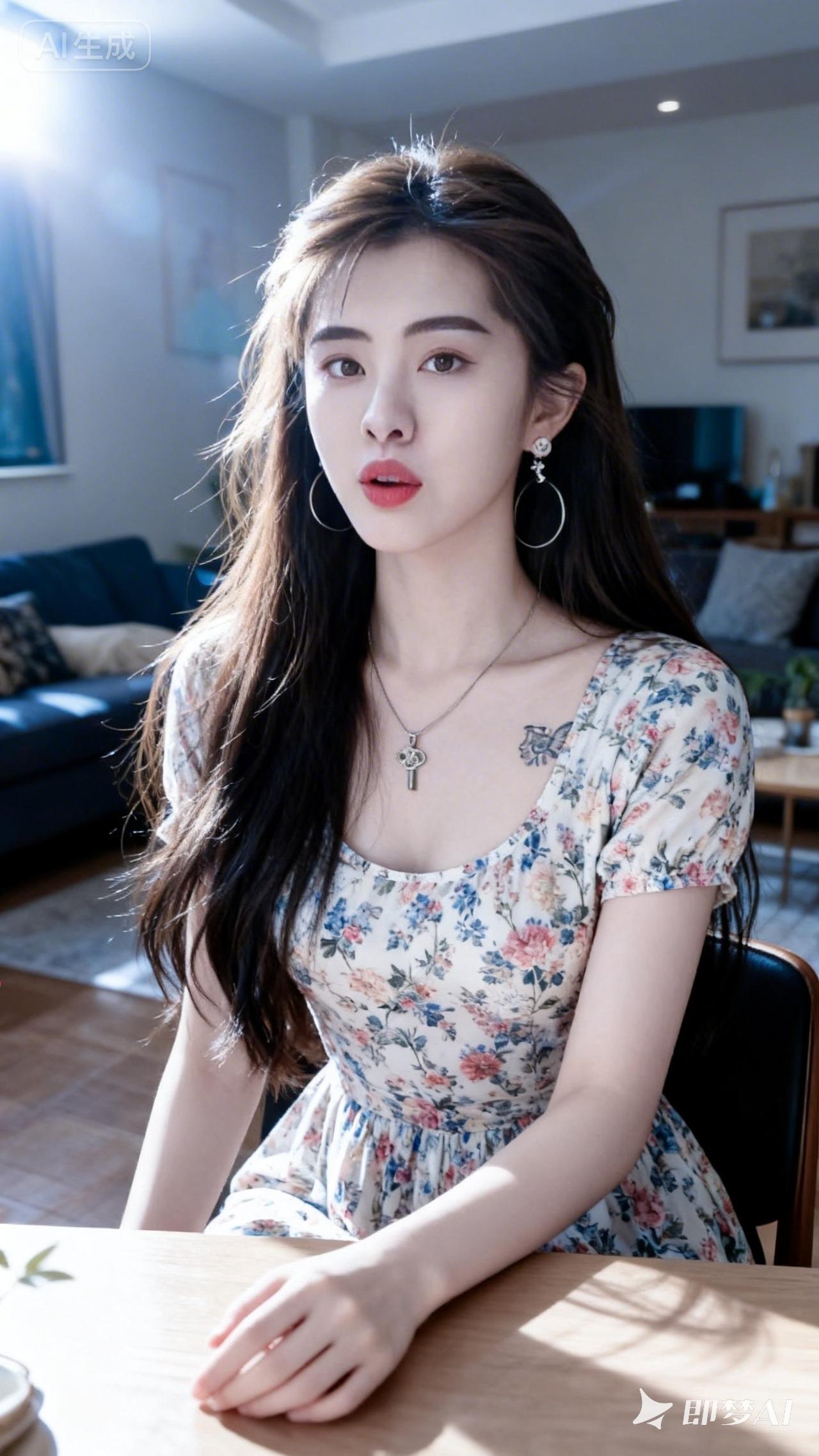 优雅少女，花裙飘逸，咖啡时光，静谧美好。