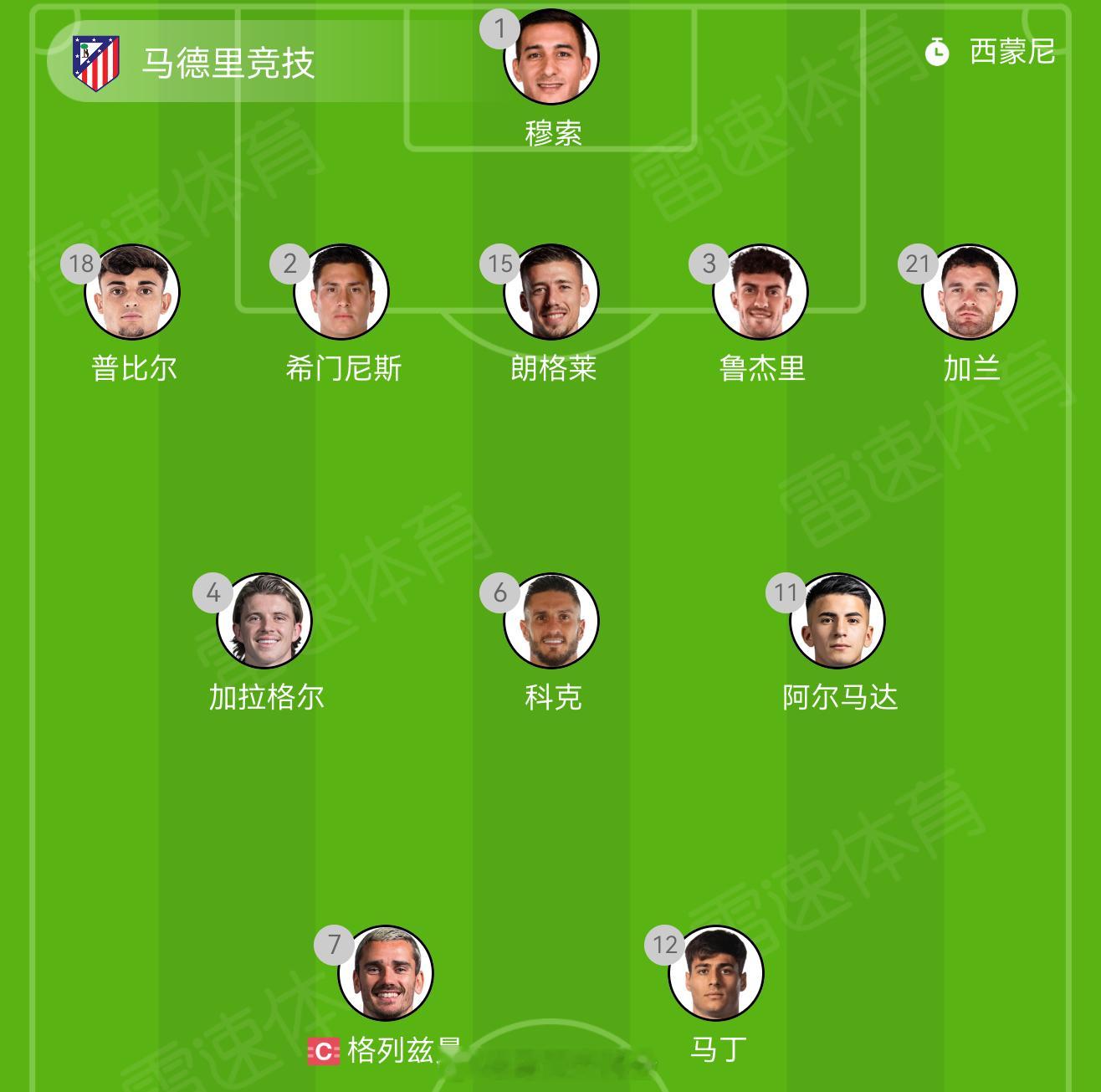 马竞VS国米的首发阵容，吉梅内斯和阿尔马达复出，卡洛斯马丁首发 ​​​