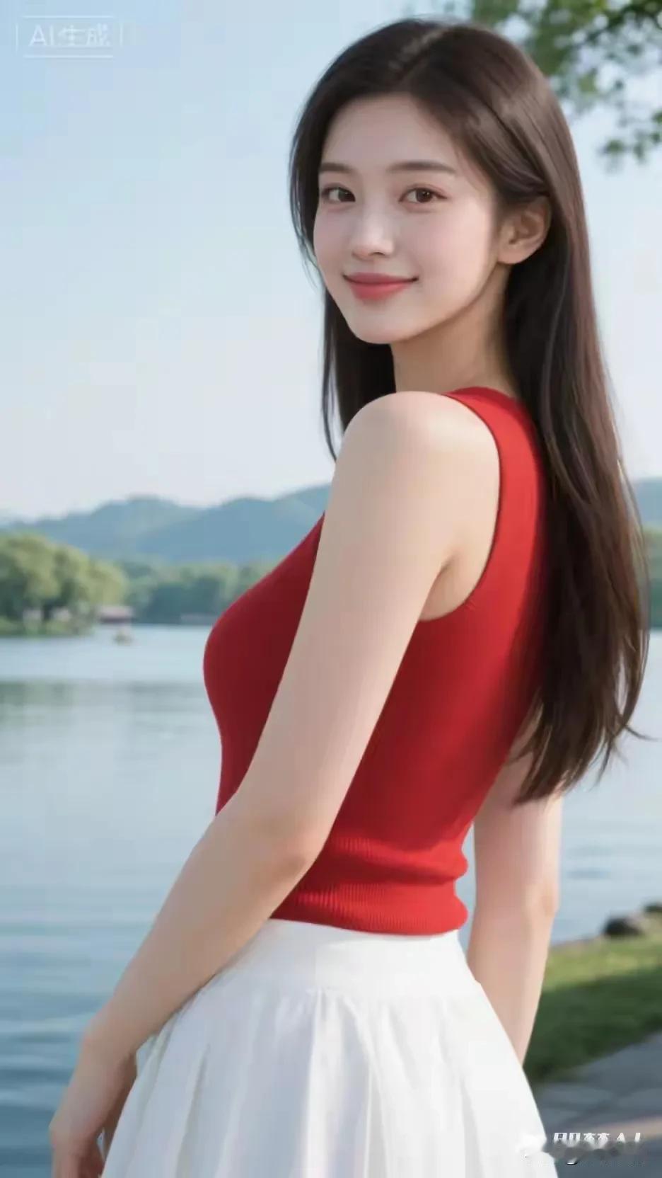 红衫白裙，湖畔回眸，夏日的明媚尽收眼底🌿
国色天姿美女照 美女穿搭照