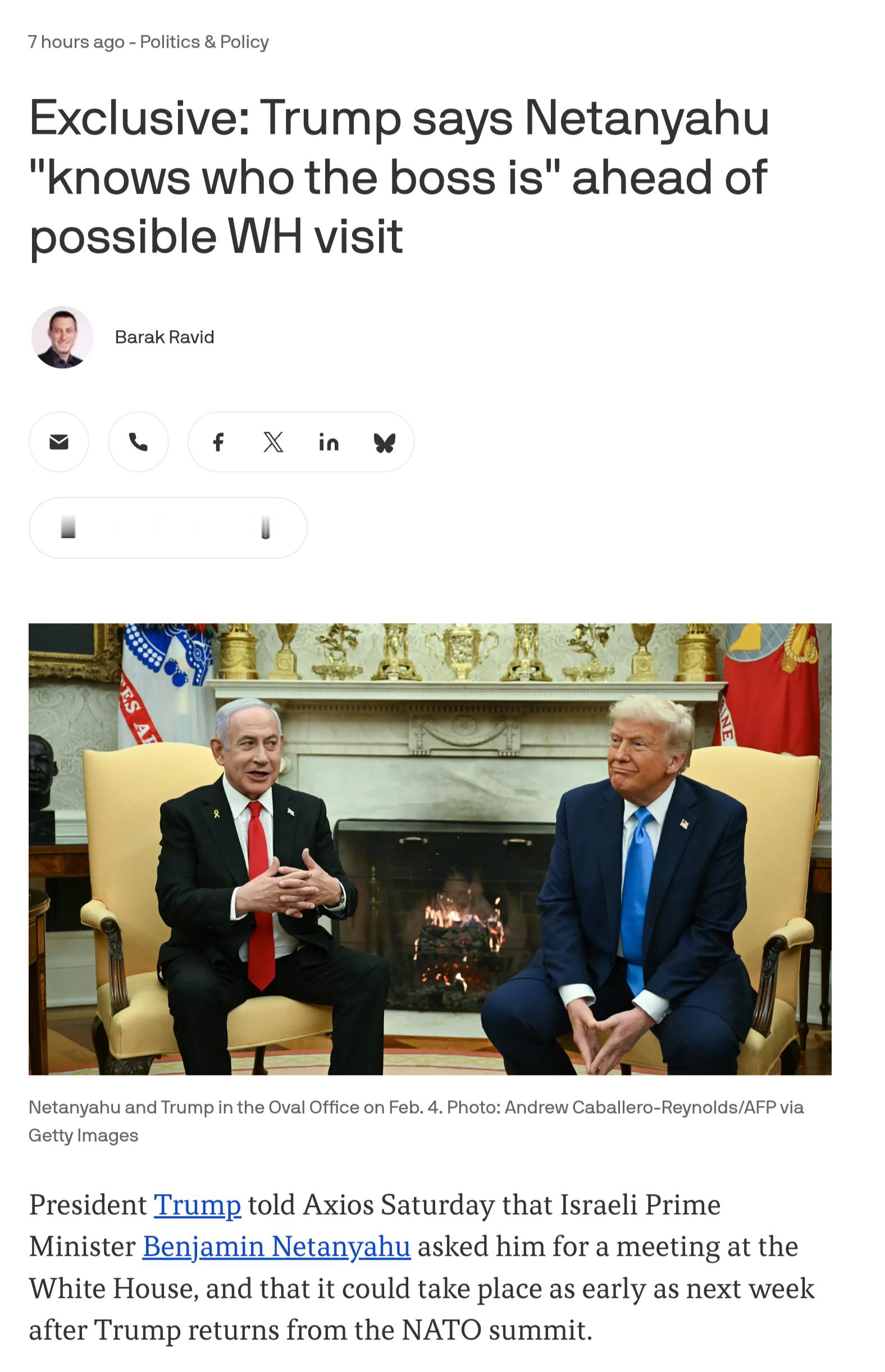 特朗普周六告诉 Axios，内塔尼亚胡要求与他在白宫会面，时间最早可能在特朗普从