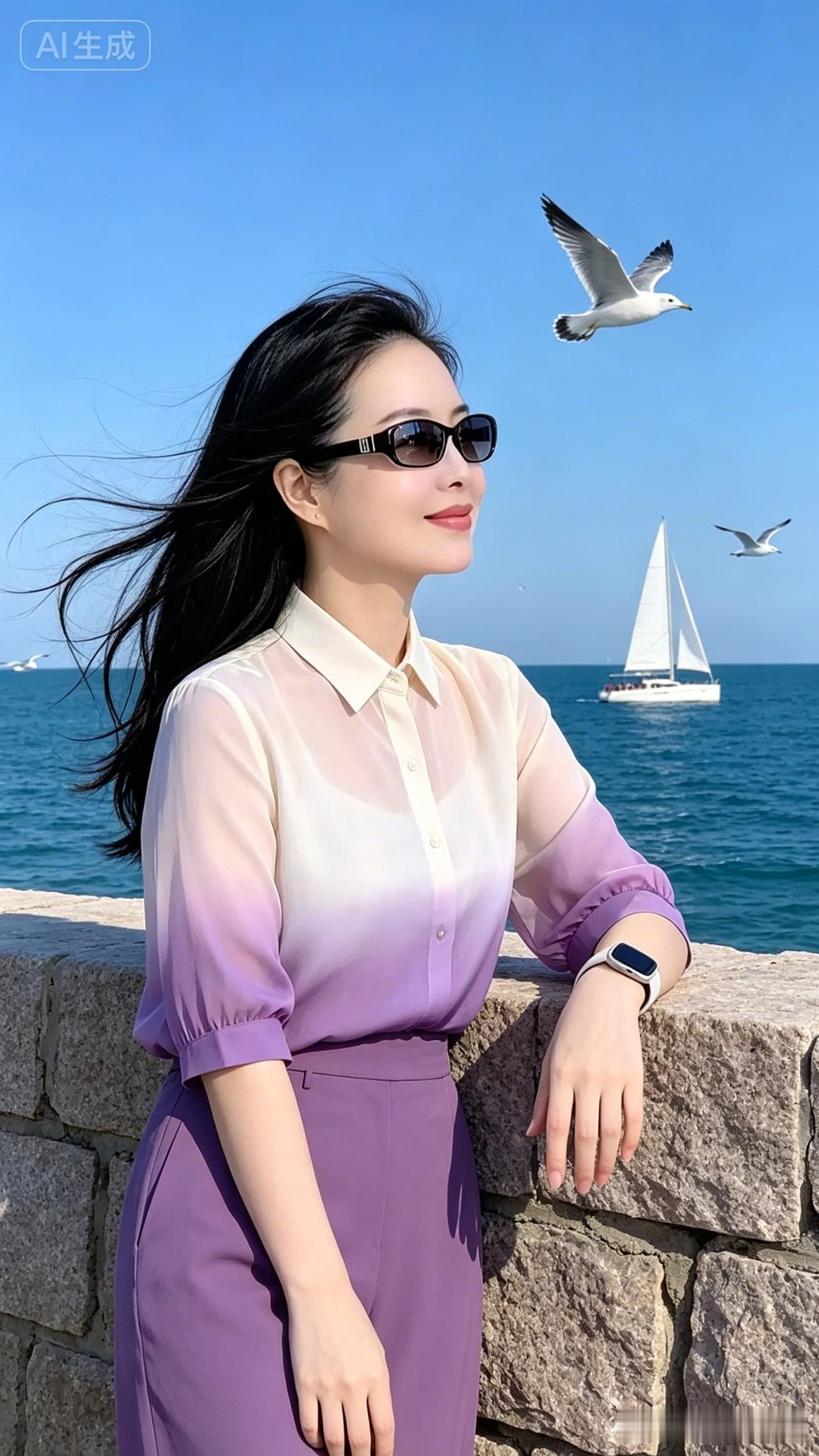 紫衫观海
晴空似洗碧海悠，石岸倚栏意韵柔。
渐染轻衫凝浅紫，随风墨发抚肩头。
银