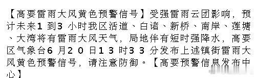 肇庆 【高要雷雨大风黄色预警信号】受强雷雨云团影响，预计未来1到3小时我区活道、