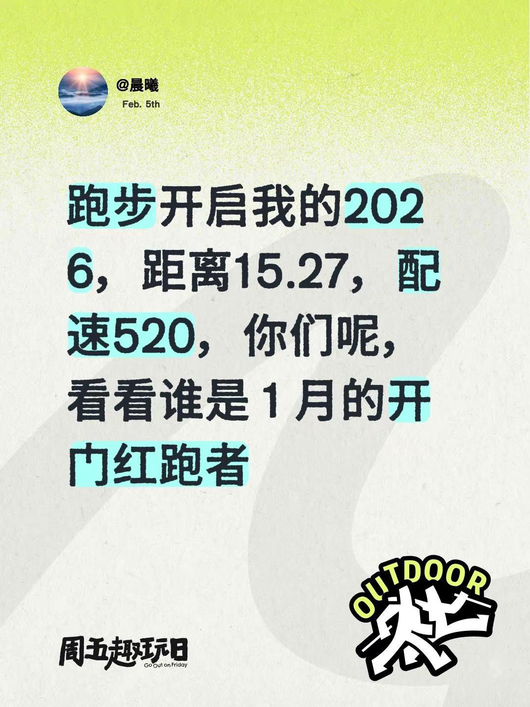 2026年的距离配速 跑步开启我的2026，距离15.27，配速520，你们呢，