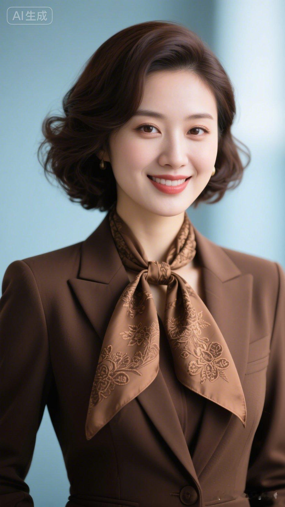 优雅职场风，棕色西装搭配精致丝巾，尽显女性魅力！