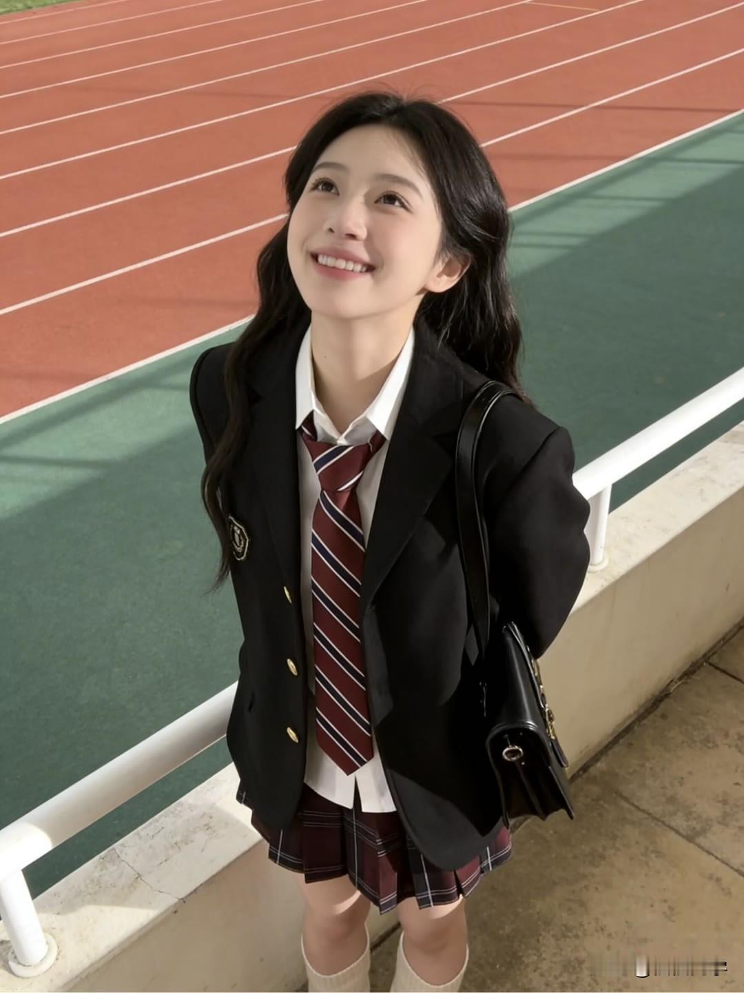 一个穿校服的女孩在操场上微笑。乡间微笑少女 街头微笑女孩