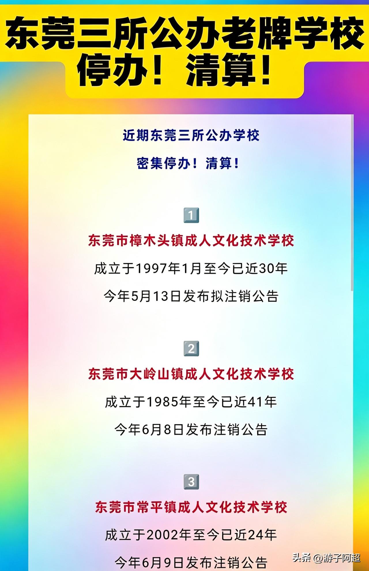 近日，东莞三所老牌公办成人技术学校发布注销公告。
近期，东莞樟木头、大岭山、常平