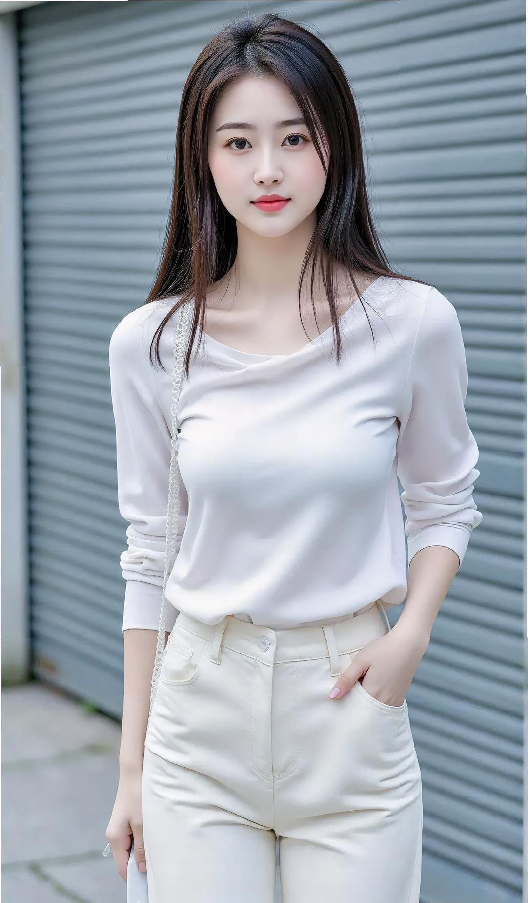 卷帘门旁，街景幽，

一身素白韵长留。

长发披肩风轻柔，

浅笑盈盈暖心头。