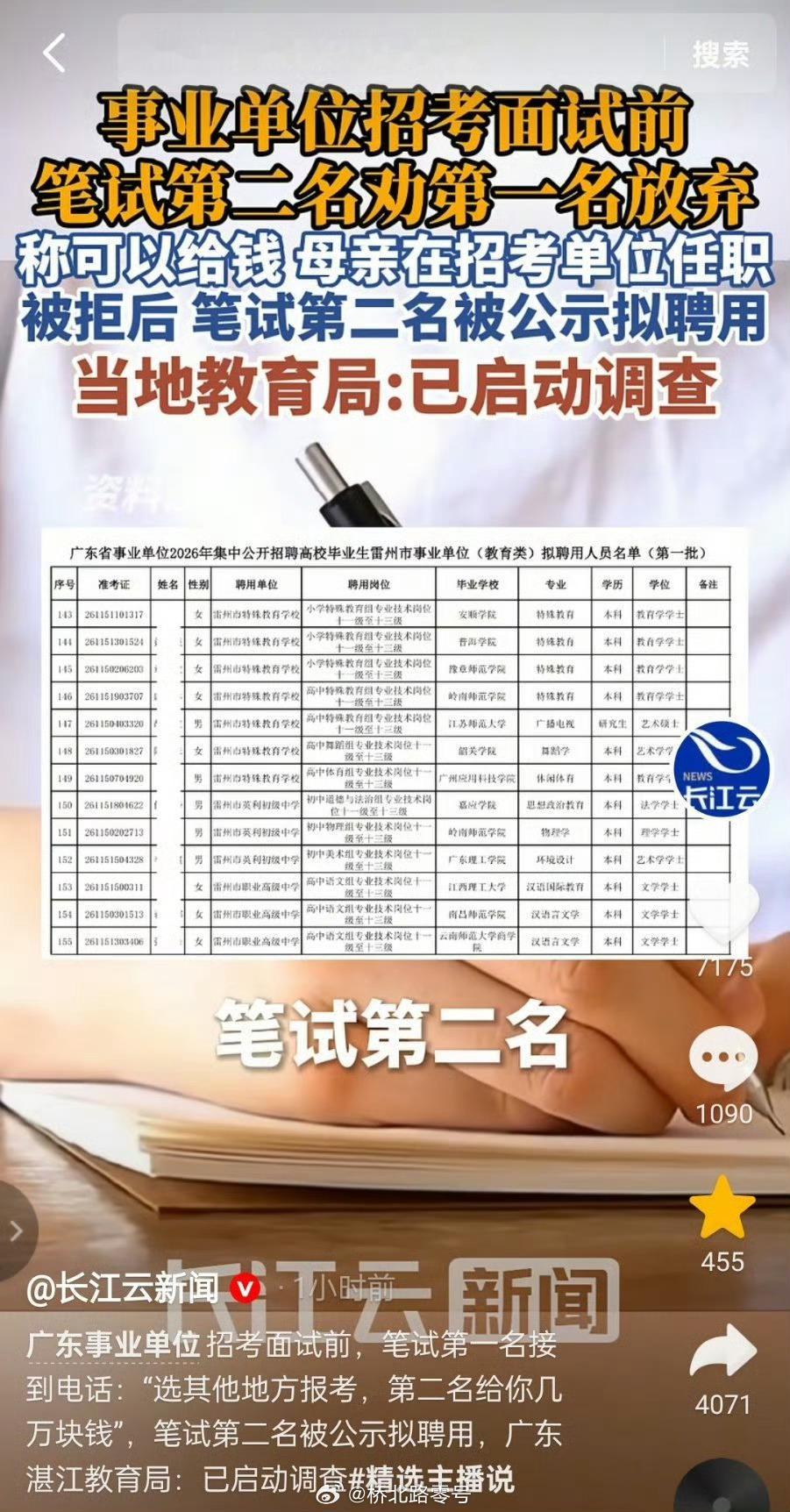 笔试第二名劝第一名放弃 被拒绝，但公示拟聘用的确是第二名。