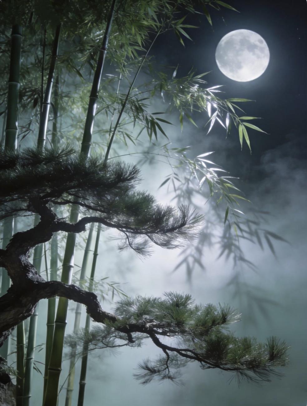 上联：松叶竹叶叶叶翠
下联：月波星波波波凉