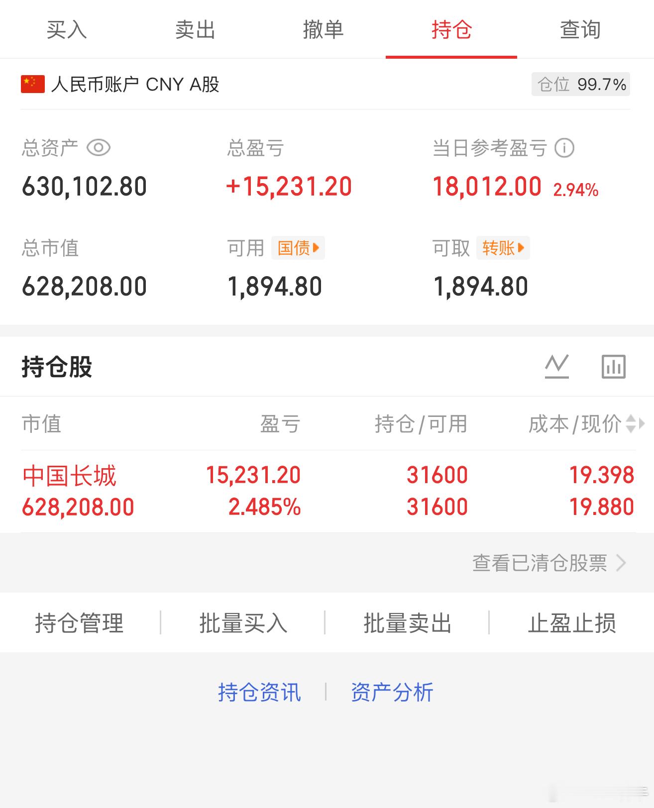 持：中国长城依旧是全C梭哈，持股不动！ 