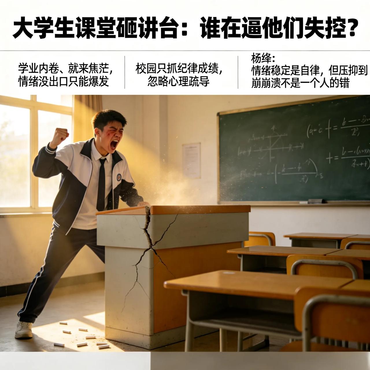 我真破防了！大学生课堂砸讲台叫喊，到底是谁逼的？
 
高校学生课堂怒砸讲台、当众