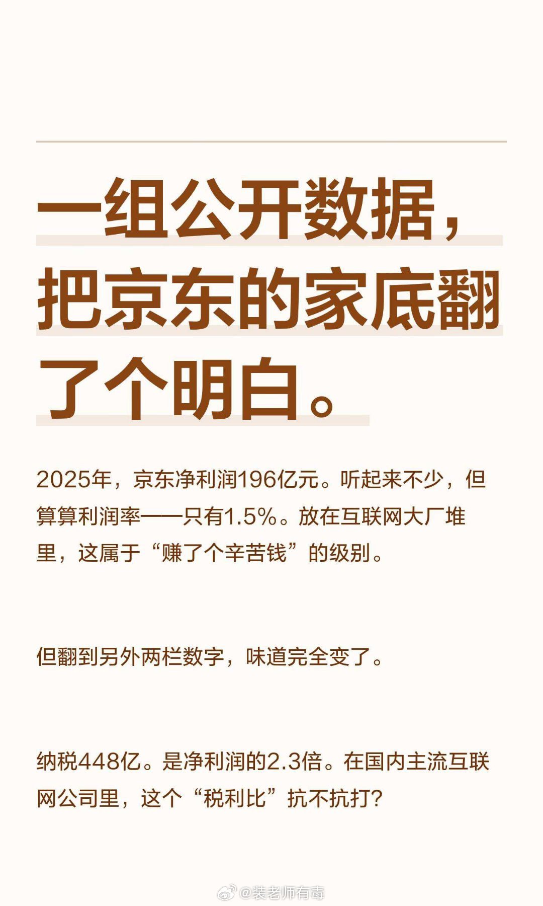 2025年，京东净利润196亿元，利润率仅1.5%；纳税448亿元，是净利润的2