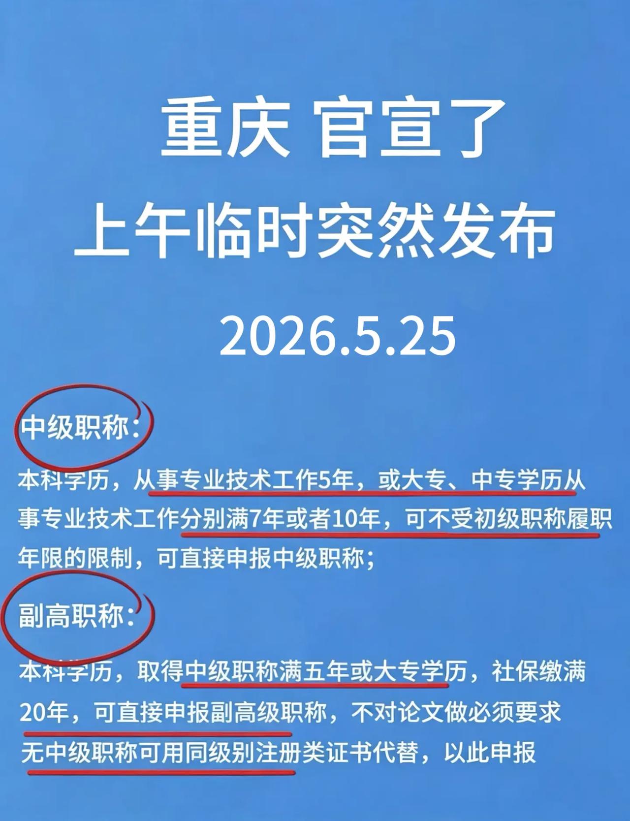 重庆职称评审最容易的一年！重庆职称政策 副高级职称申报要求 新规 2026职称改