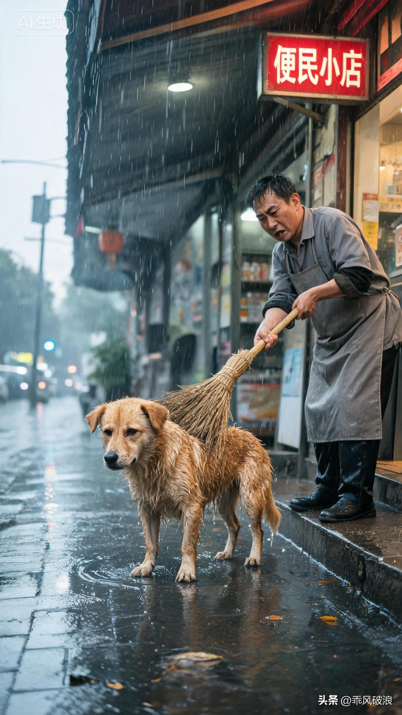 大雨倾盆，一只怀有身孕、浑身湿漉漉的流浪狗，想到街边食店门口避避雨。然而，老板却
