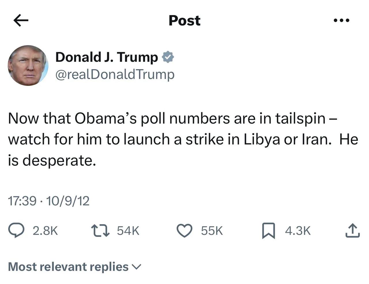 特朗普2012年的推文被“考古”出来：奥巴马的支持率正在暴跌——那就等着看吧，他