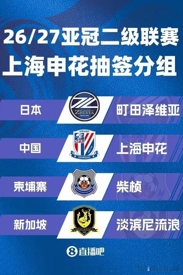 亚冠二级赛场分组出炉，申花队分在了G组。同组的球队有中国、日本、柬埔寨、新加坡球