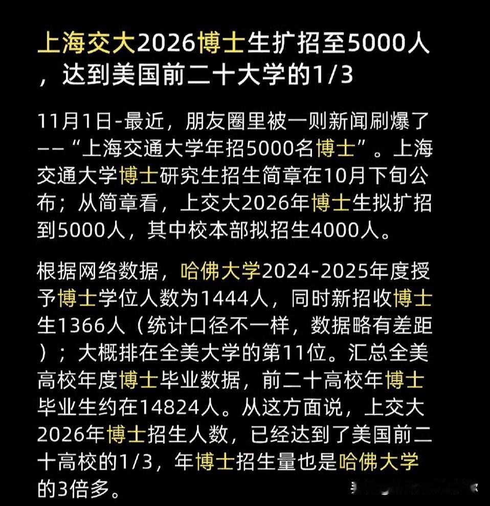 看到上海交大明年要招5000名
博士生的消息，心里咯噔了一下。
一个学校一年招的