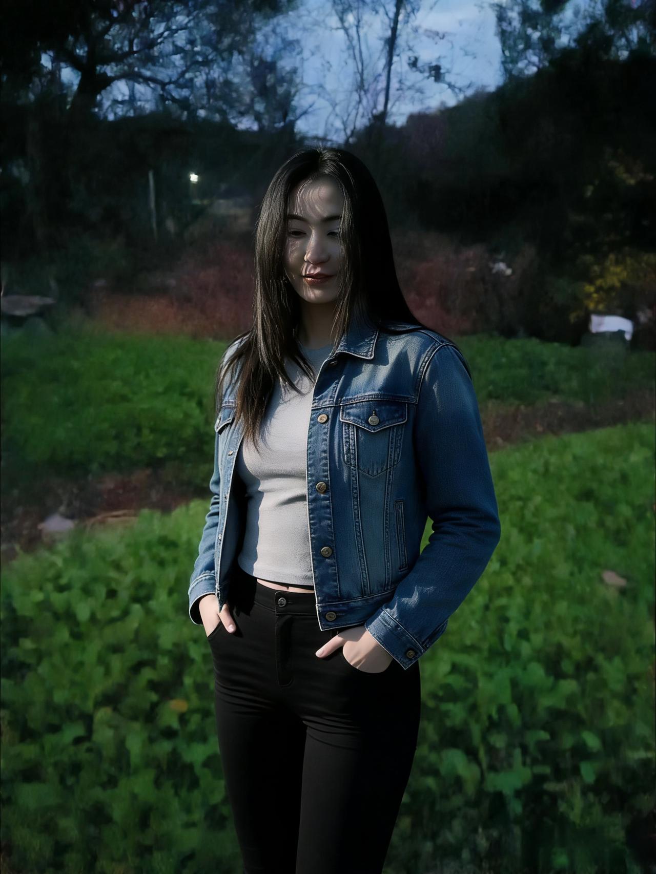 萋萋芳草暮云平，蓝袂临风立晚晴。
抬手漫梳千缕发，晚风偷吻鬓边星。