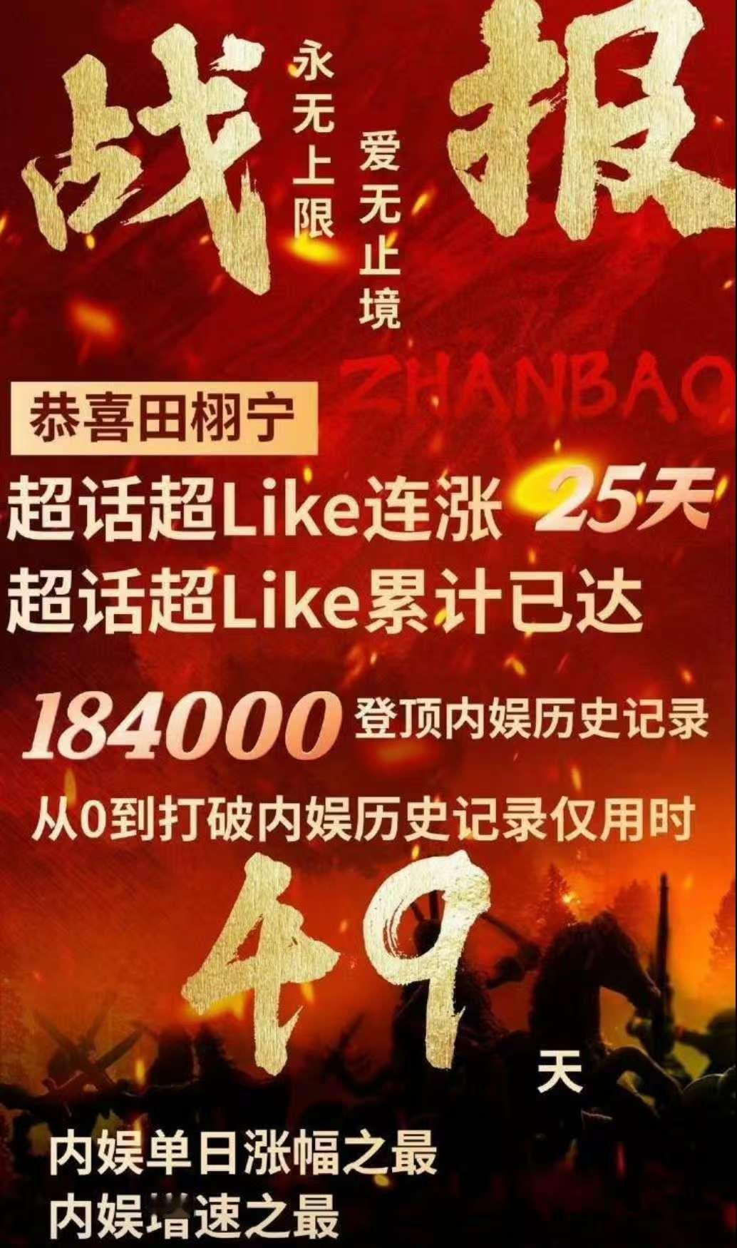 田栩宁超like数历史第一田栩宁超like数内娱第一田栩宁超like数历史第一 