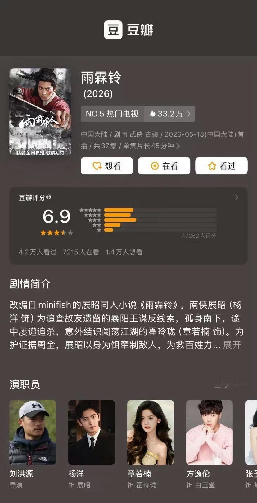 雨霖铃豆瓣开分6.9      领衔主演电视剧《雨霖铃》豆瓣开分6.9分，据猫眼