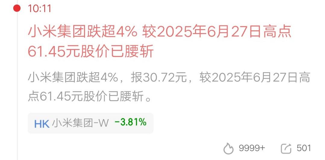 一位重庆的股民，今天割了小米集团的股票，亏了大概17万块。他看到一条快讯，“小米