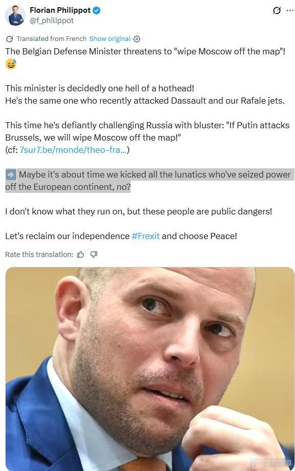 法國愛國者黨主席弗洛里安·菲利波批評比利時國防部長西奧·弗蘭肯，後者此前曾宣稱準