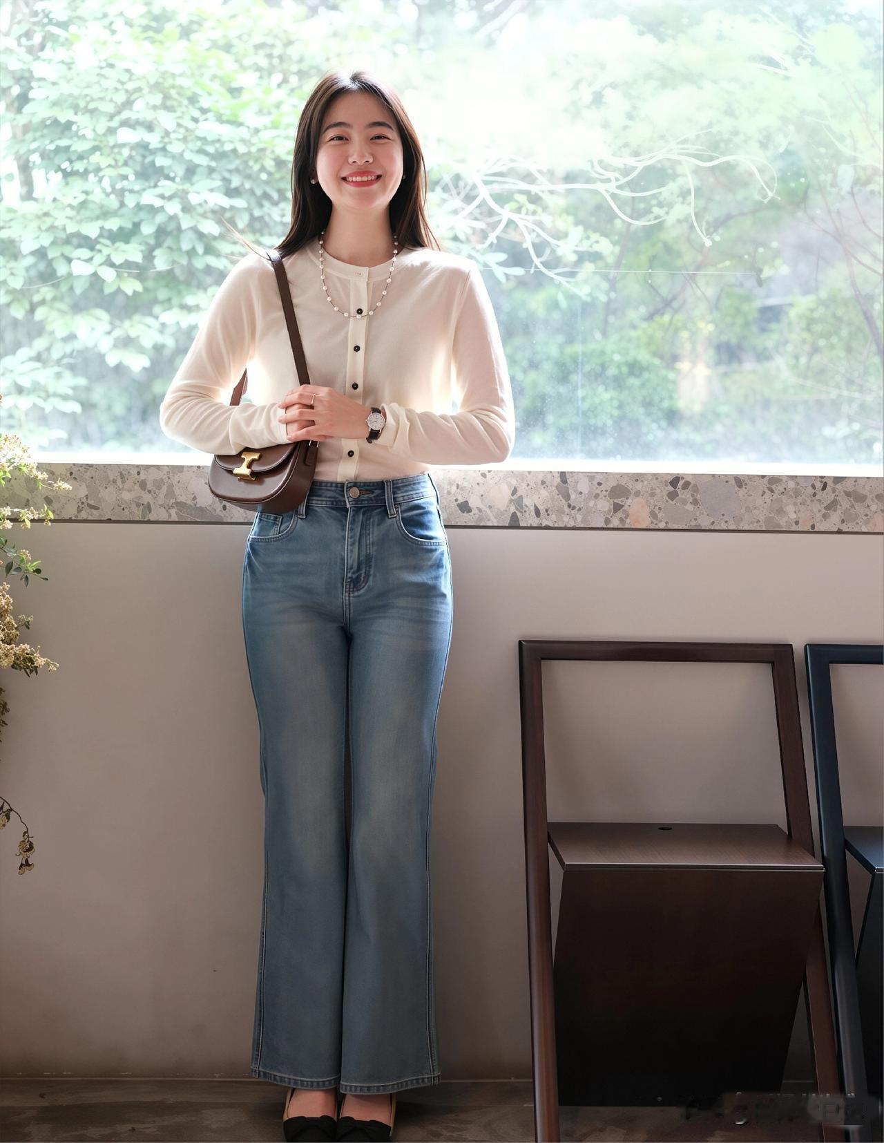 米白开衫+微喇裤，这套我春天穿最多


梨形+微胖，以前买针织开衫最怕两件事：要