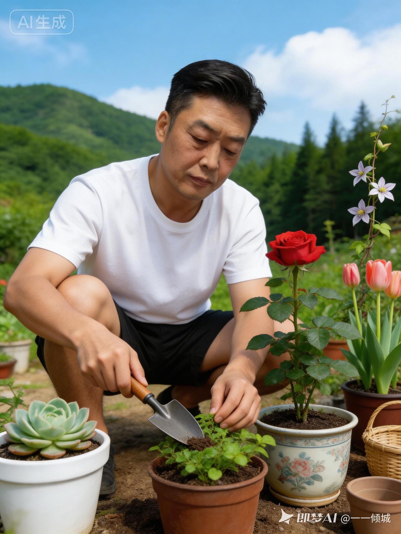 园艺爱好者精心照料植物，享受自然之美。