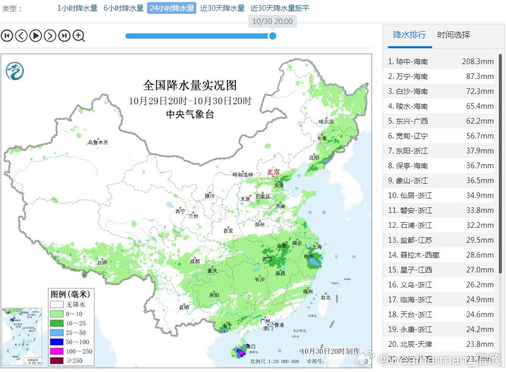 【降水——西藏警惕强降雪】昨晚到今天，海南琼中受到强盛偏东气流影响，出现大暴雨。