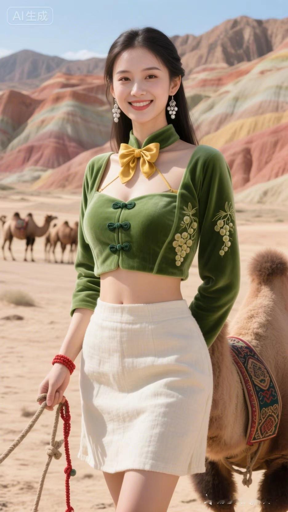 沙漠中的绿意少女，与骆驼相伴的异域风情