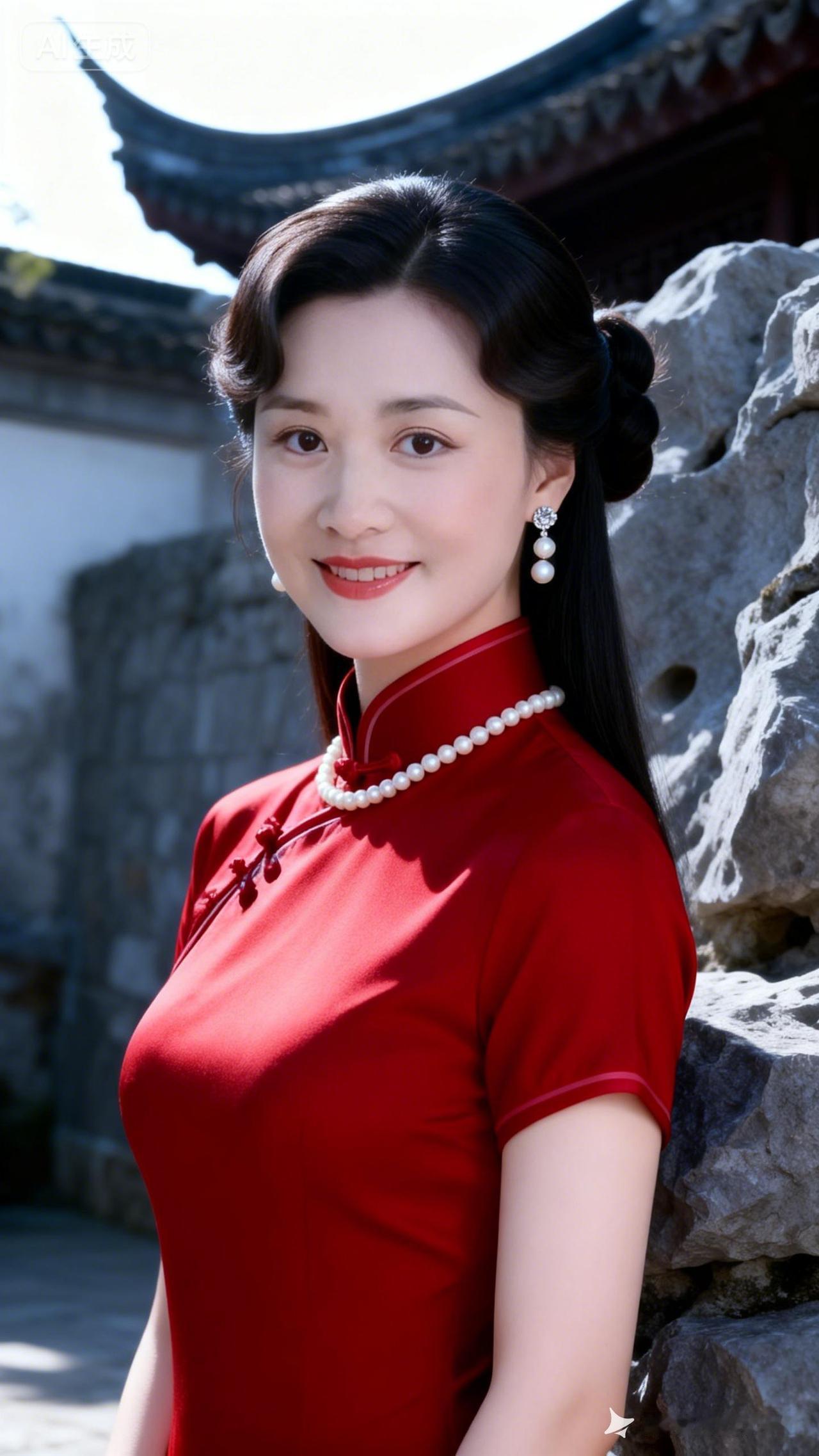 红衣美人倚石而立，古典韵味扑面而来