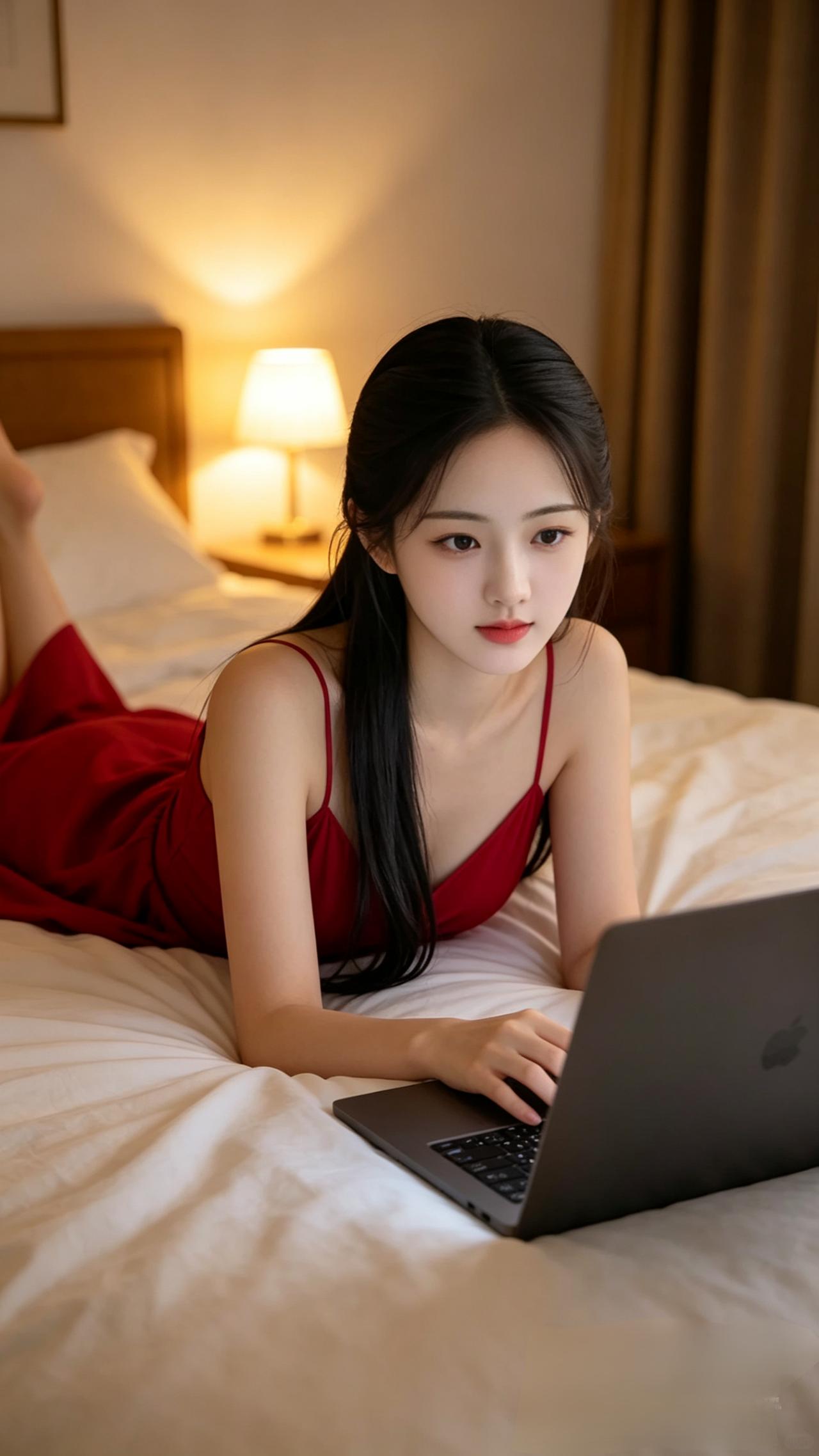 夜晚的卧室，少女在柔和灯光下专注工作，红裙与黑发相映成趣。