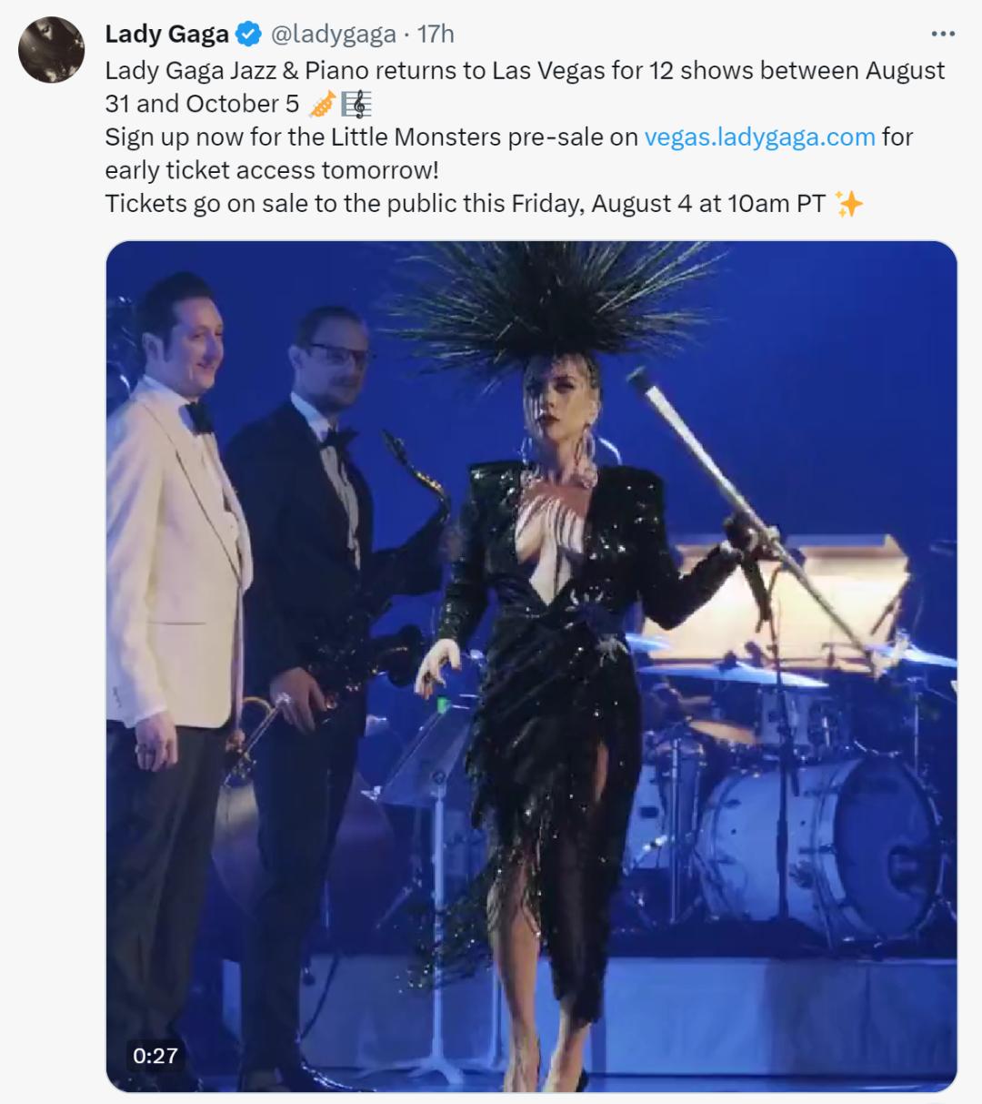 Lady Gaga 宣布重回爵士圈，在拉斯维加斯举办爵士演唱会！
Lady Ga