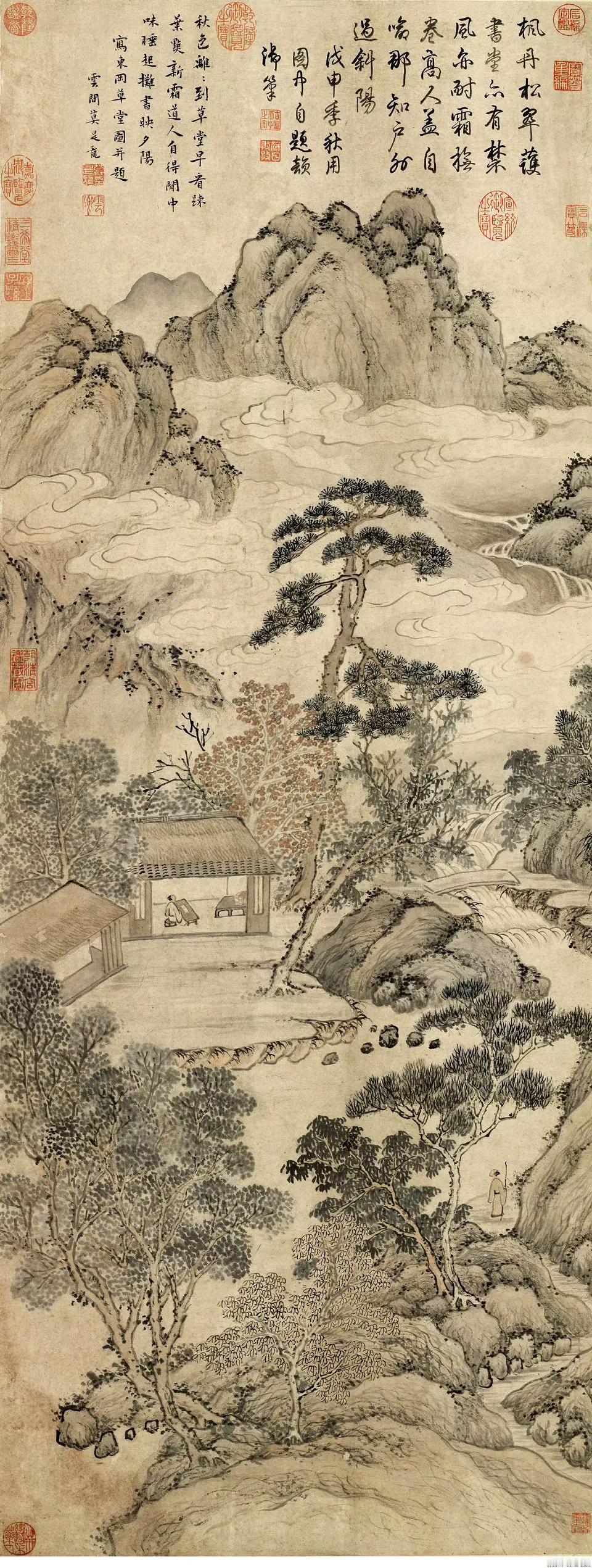 明 莫是龙 东冈草堂图
元 马琬 秋山行旅轴
清 杨大章 松梅文禽轴
清 董邦达