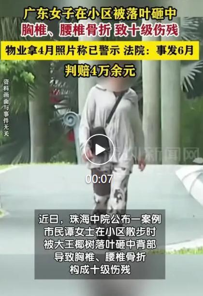 倒霉到家了！
女子小区散步被落叶砸中背部，导致胸椎、腰椎骨折，构成十级伤残！物业