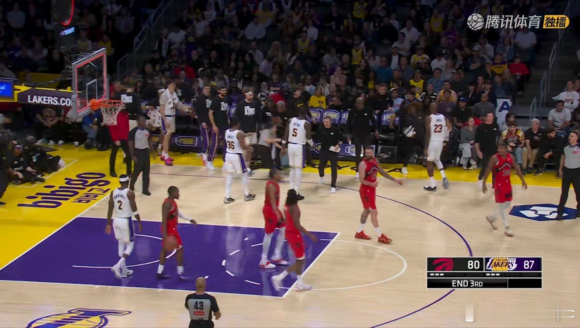 三节结束，湖人87-80猛龙，你有何感想？猛龙vs湖人