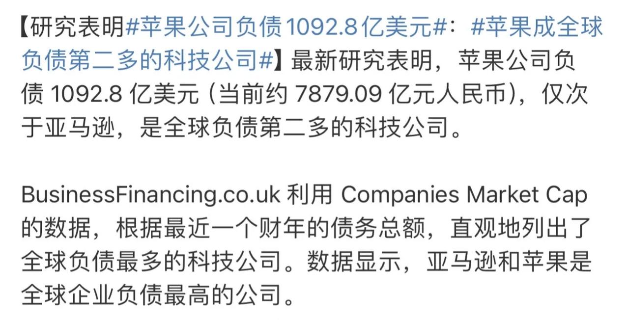 没想到，苹果竟然负债这么高。数据显示，苹果公司，负债 1092.8 亿美元，是仅