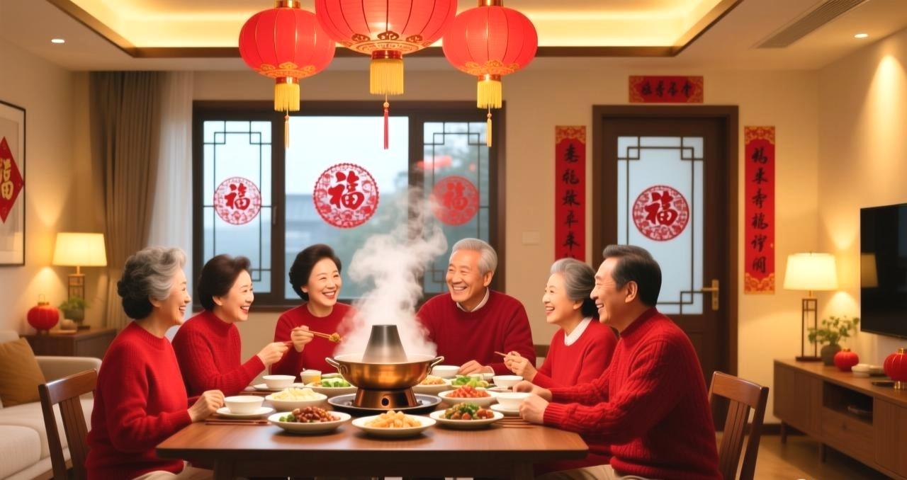 温馨喜庆的新年家庭聚会场景