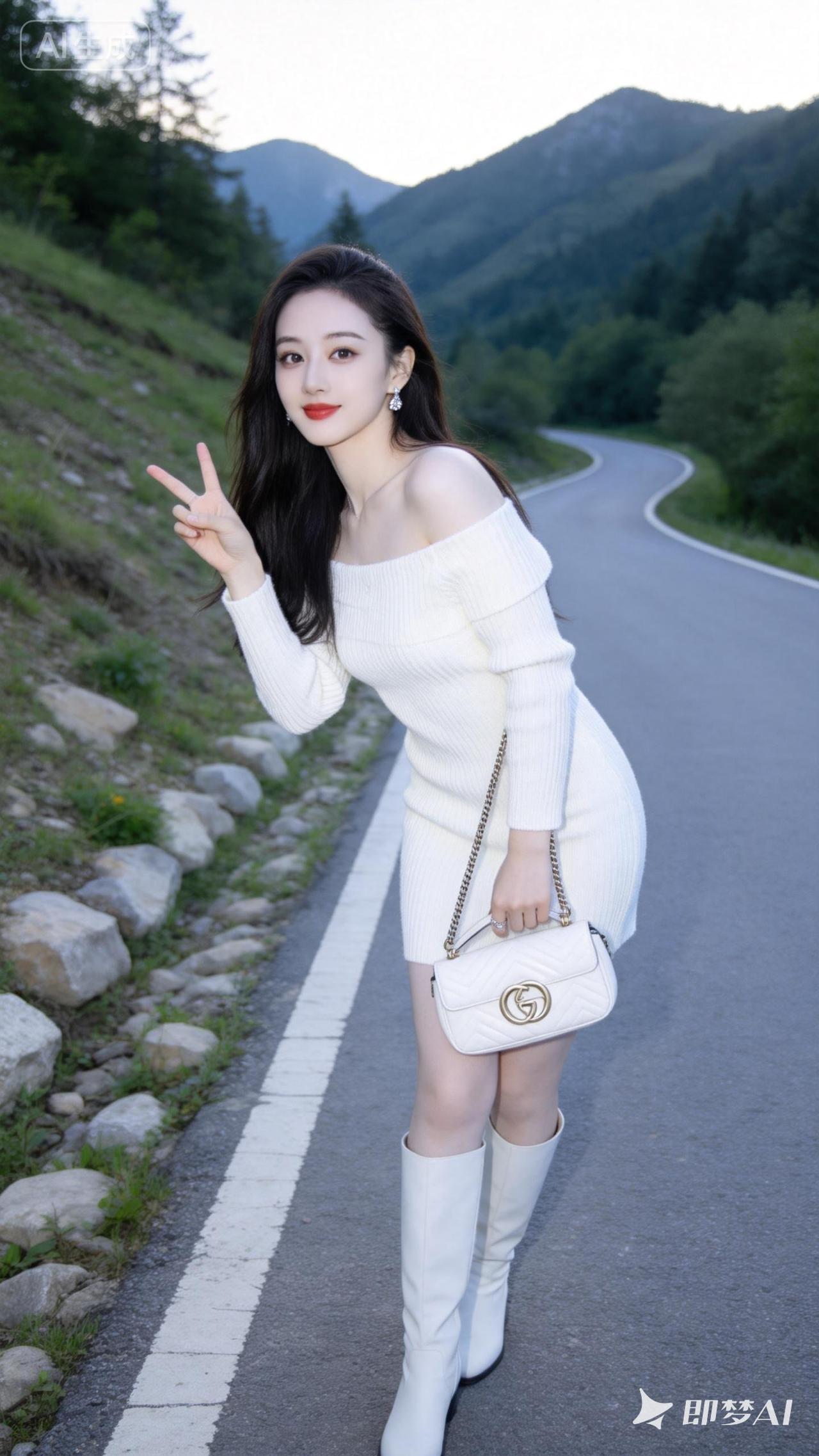 在山间小路上，穿白色连衣裙，比出V字手势，享受美好时光！🌿💕