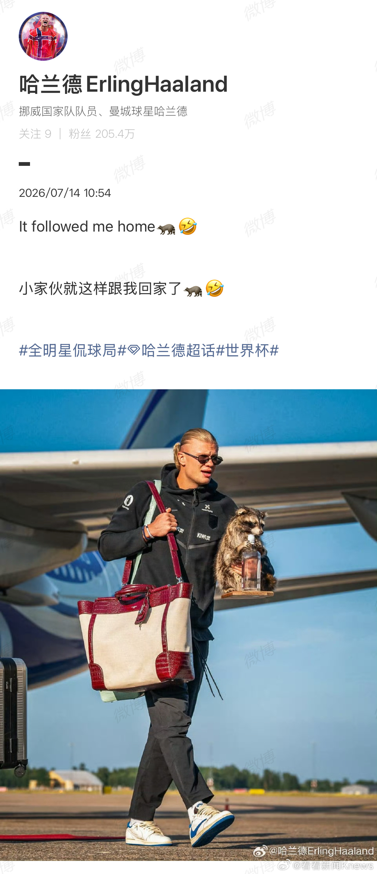 【#哈兰德说小家伙跟我回家了#】7月14日，发文：It followed me 