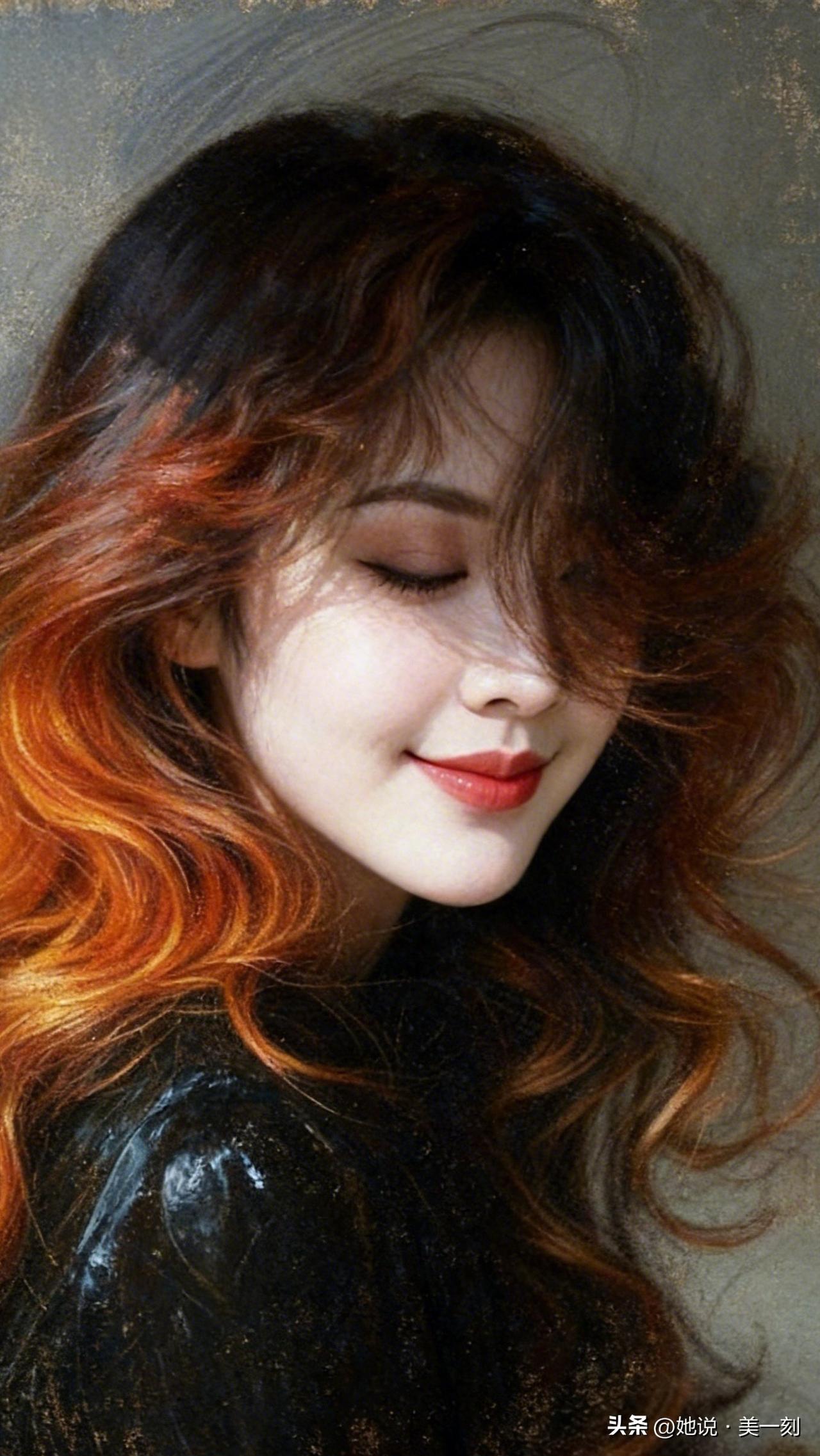 温柔微笑，红发飘逸，美如画卷。分享唯美的美照