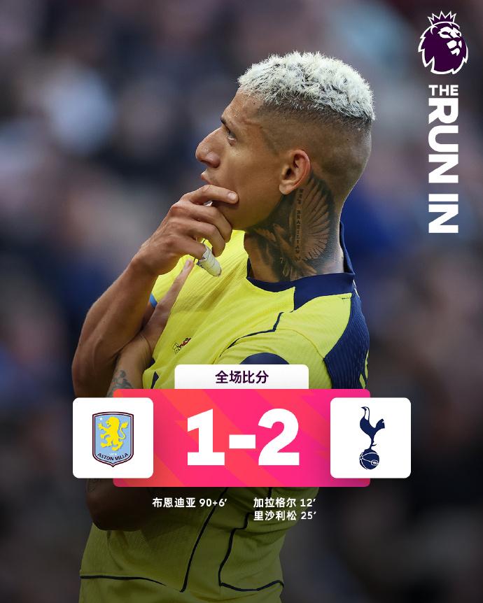 全场比分 | 阿斯顿维拉 1-2 热刺

⚽第12分钟，加拉格尔弧顶抢下球转身抽