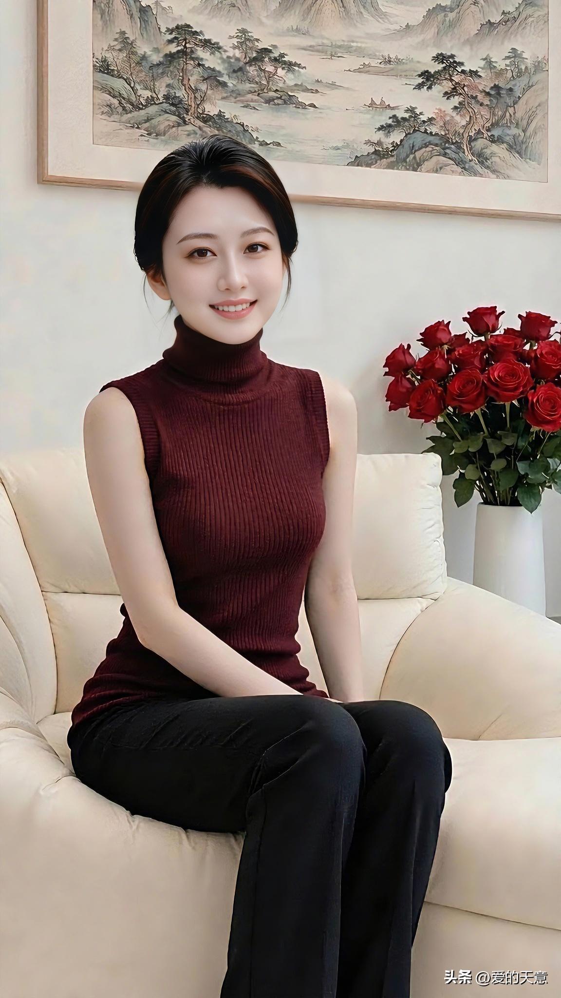 坐在软软的沙发上，安静享受属于自己的时光。一身酒红色无袖高领打底，简约又显气质，