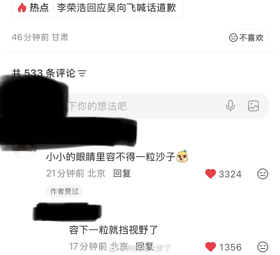 “小小的眼睛里容不下一粒沙子”“容下一粒就挡视野了”李荣浩秒回