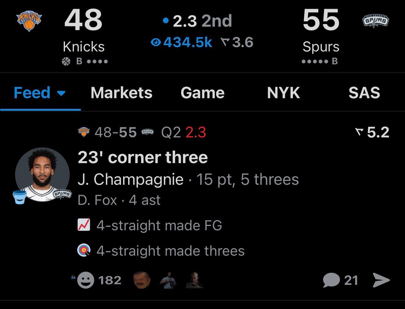 半场尼克斯48:55马刺，尚帕尼这三分也太稳了。尼克斯vs马刺NBA