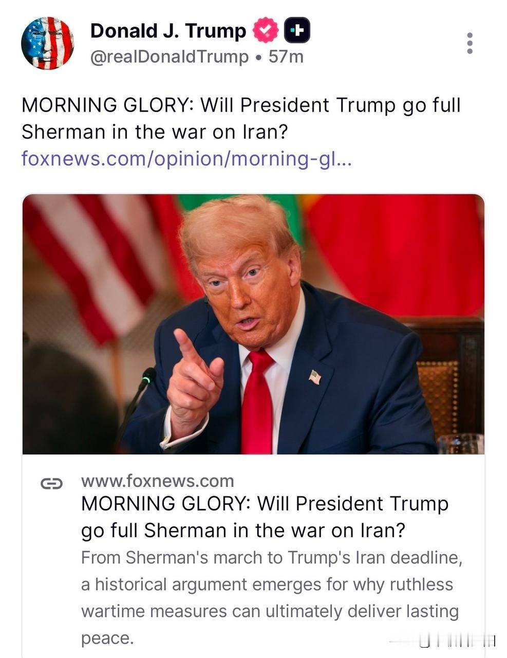 特朗普转发福克斯文章，问他会否对伊朗发动“谢尔曼式战争”——即美国内战时期摧毁敌